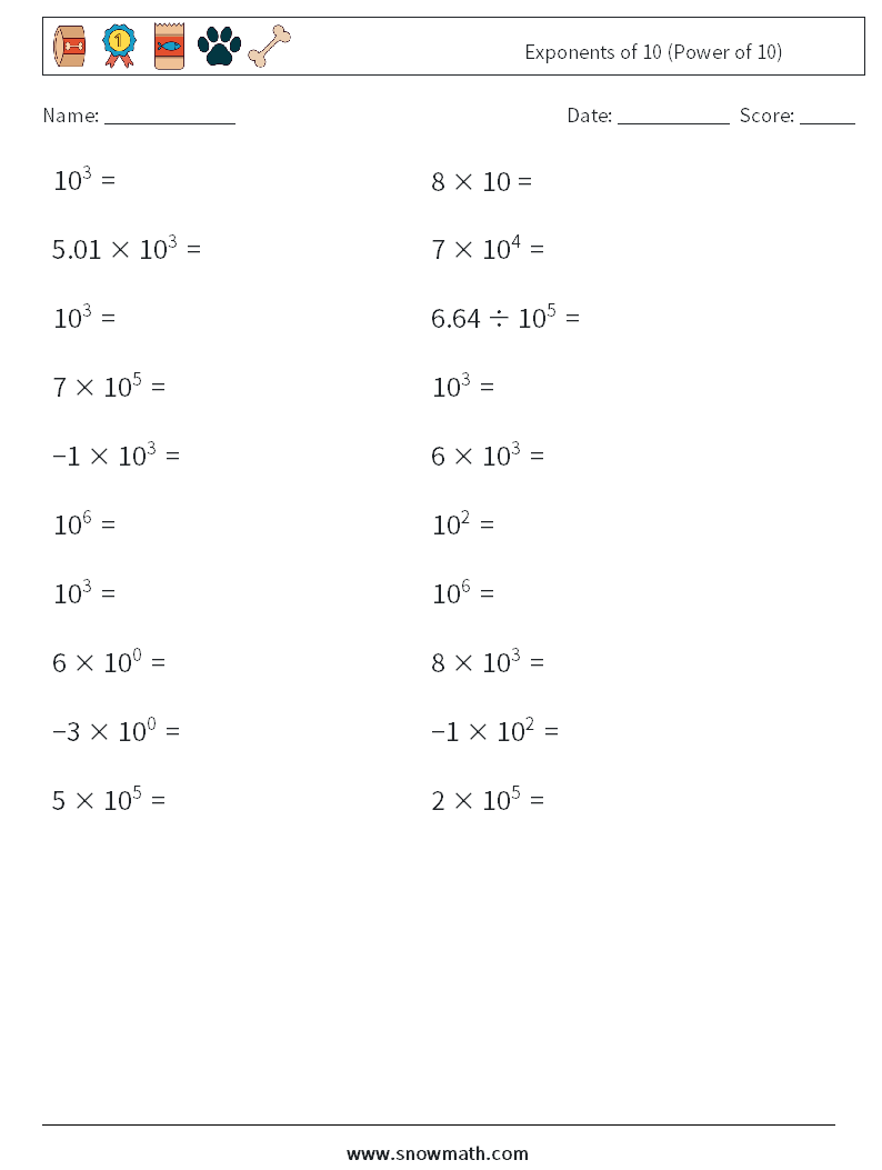 Exponents of 10 (Power of 10) Math Worksheets 8