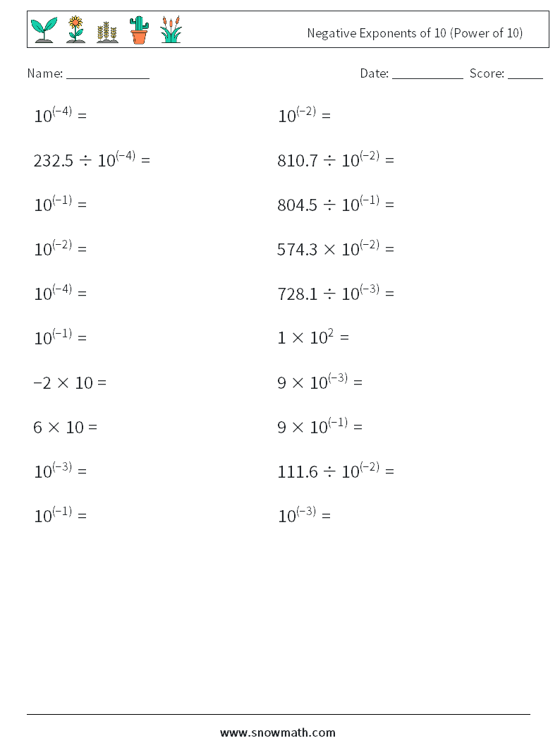 Negative Exponents of 10 (Power of 10) Maths Worksheets 3