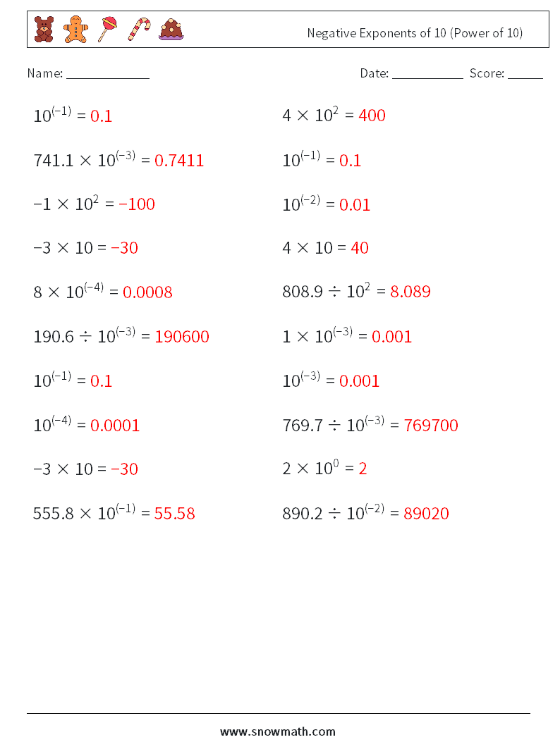 Negative Exponents of 10 (Power of 10) Math Worksheets 4 Question, Answer