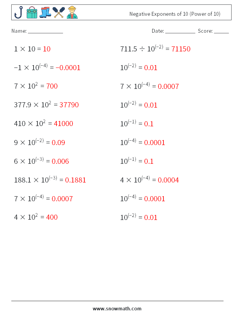 Negative Exponents of 10 (Power of 10) Math Worksheets 5 Question, Answer