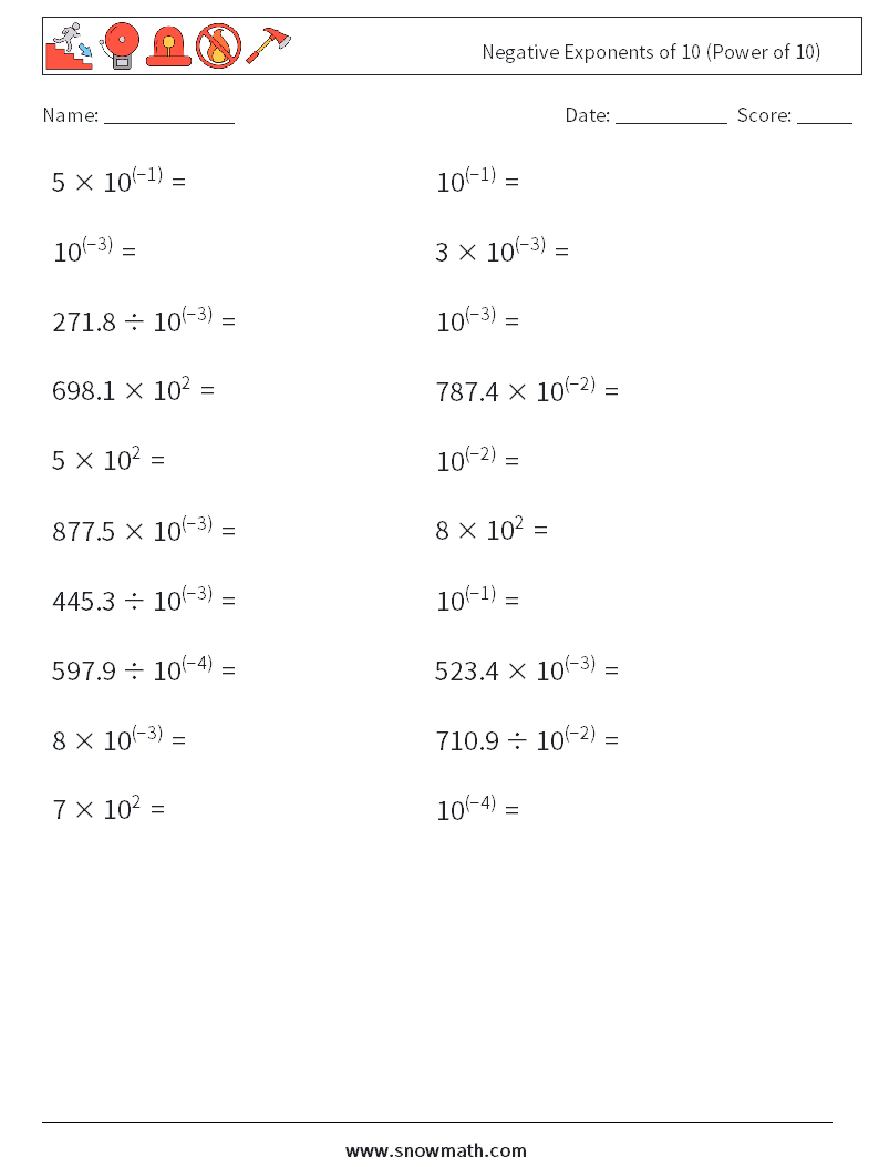 Negative Exponents of 10 (Power of 10) Math Worksheets 7