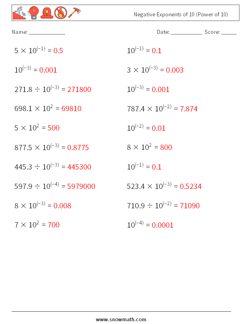 Negative Exponents of 10 (Power of 10) Math Worksheets 7 Question, Answer