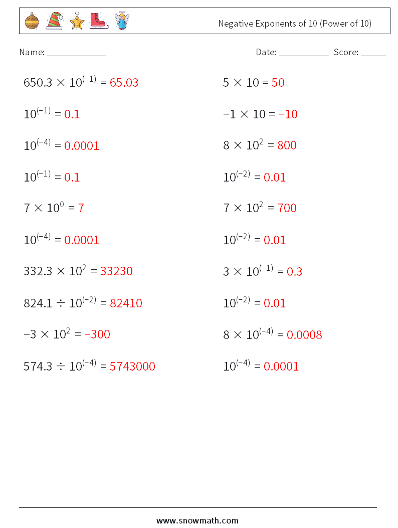Negative Exponents of 10 (Power of 10) Math Worksheets 8 Question, Answer