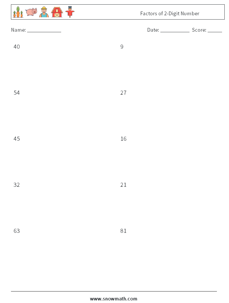 Factors of 2-Digit Number Math Worksheets 5