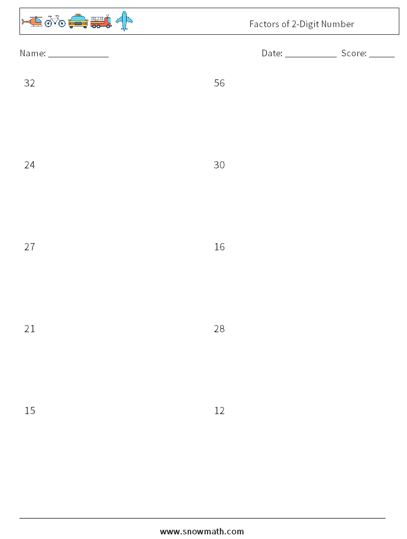 Factors of 2-Digit Number Math Worksheets 9