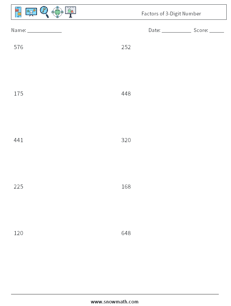 Factors of 3-Digit Number Math Worksheets 8