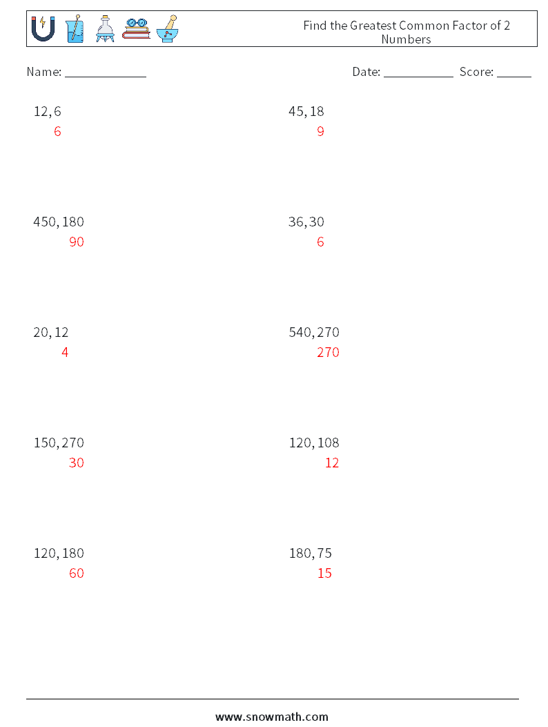 Find the Greatest Common Factor of 2 Numbers Math Worksheets 2 Question, Answer