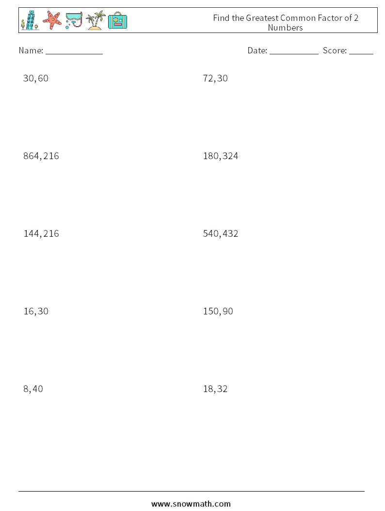 Find the Greatest Common Factor of 2 Numbers Math Worksheets 5