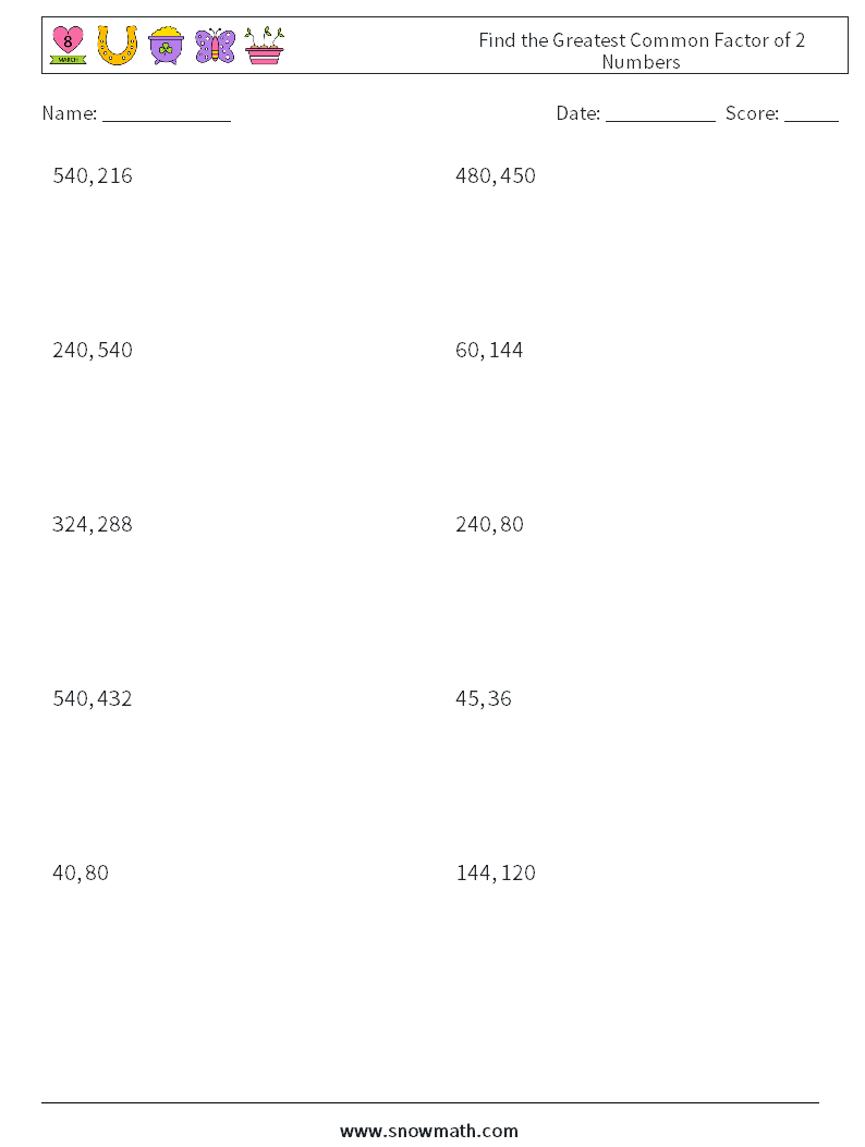 Find the Greatest Common Factor of 2 Numbers Maths Worksheets 8