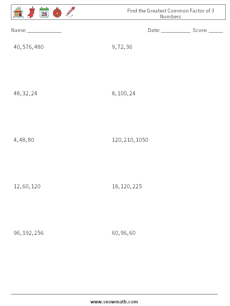 Find the Greatest Common Factor of 3 Numbers Math Worksheets 1