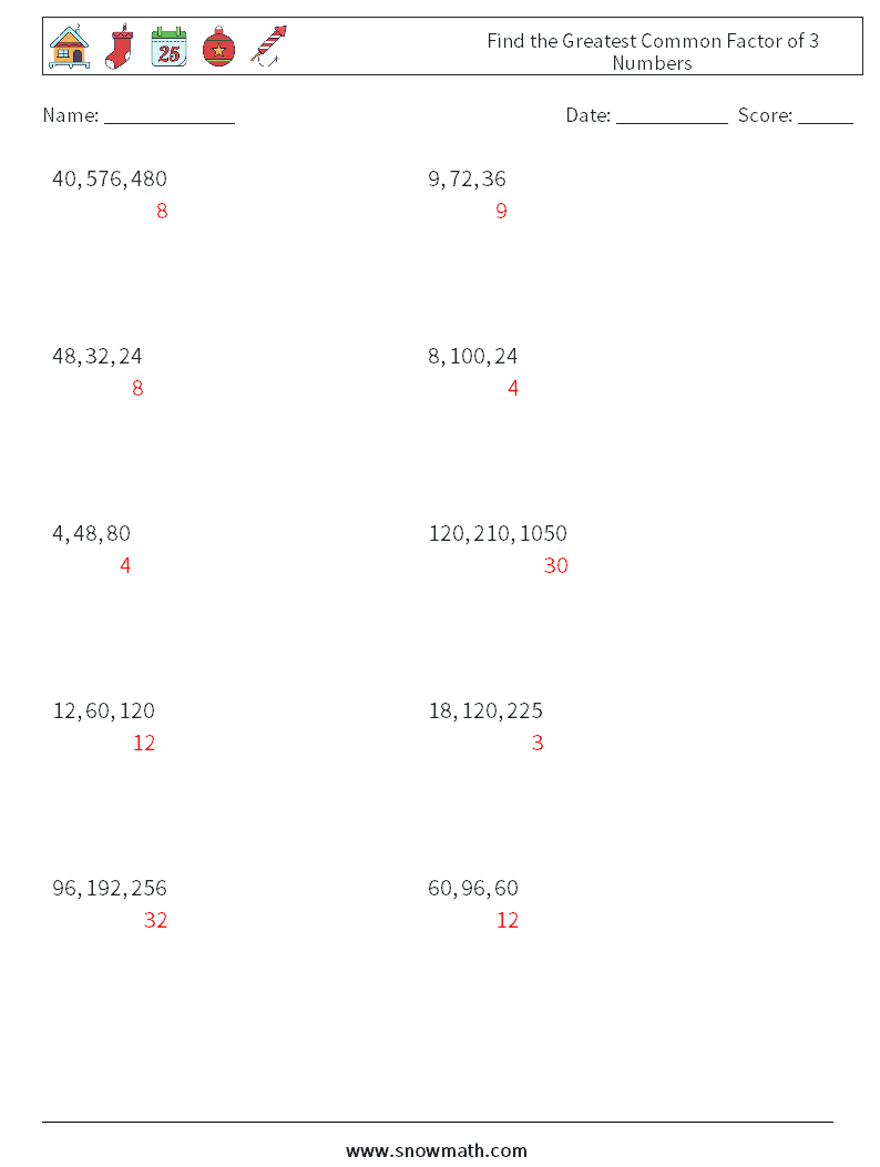 Find the Greatest Common Factor of 3 Numbers Math Worksheets 1 Question, Answer
