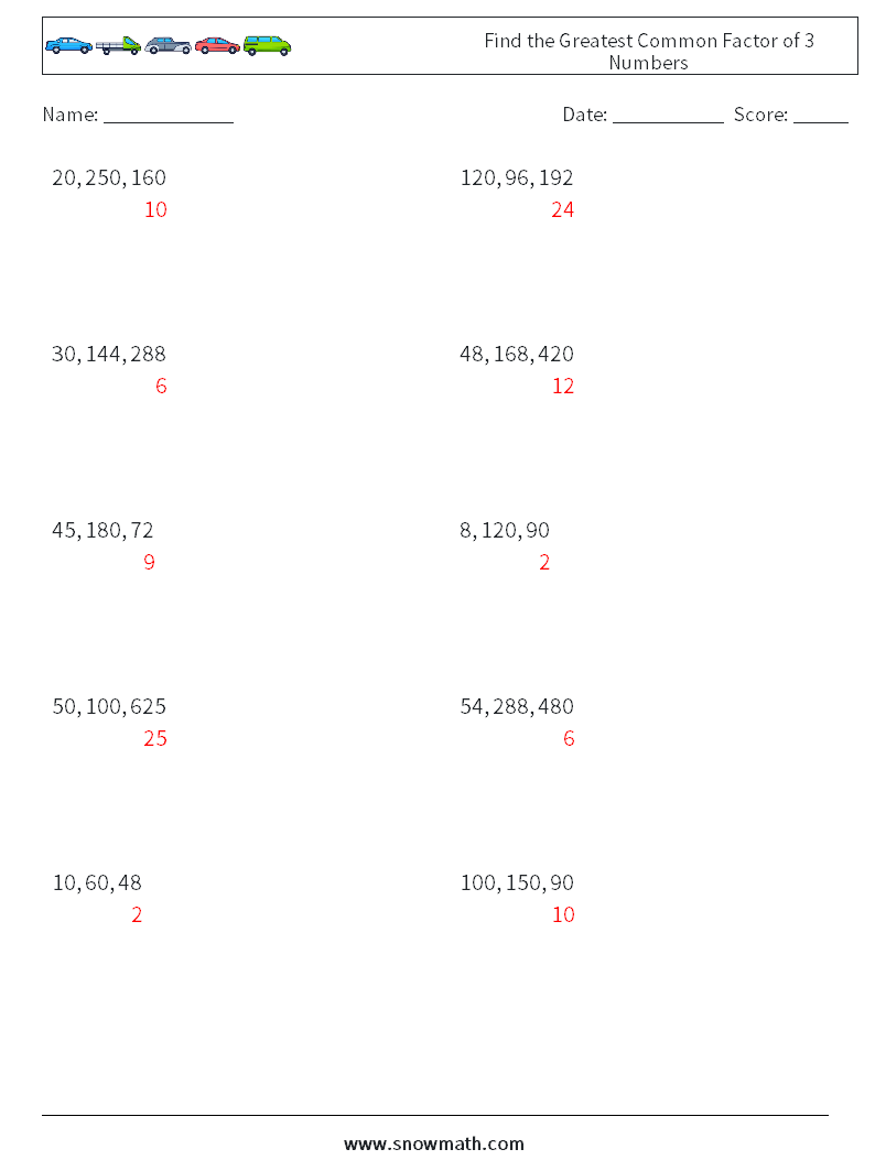 Find the Greatest Common Factor of 3 Numbers Math Worksheets 2 Question, Answer