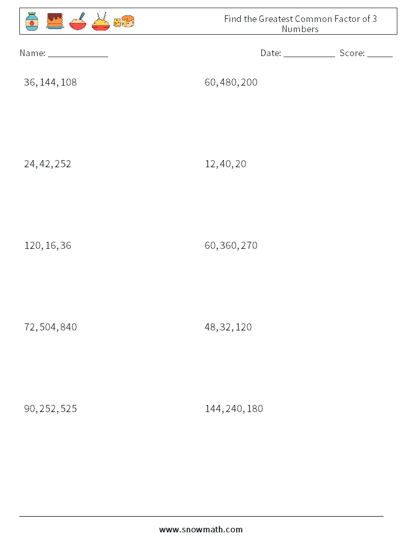 Find the Greatest Common Factor of 3 Numbers Maths Worksheets 3
