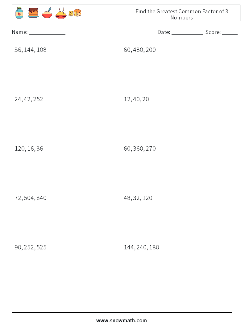 Find The Greatest Common Factor Of 3 Numbers Math Worksheets Math 