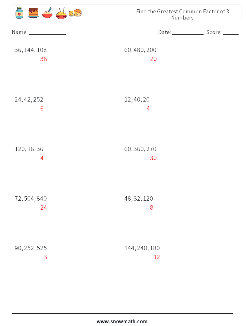 Find the Greatest Common Factor of 3 Numbers Math Worksheets 3 Question, Answer