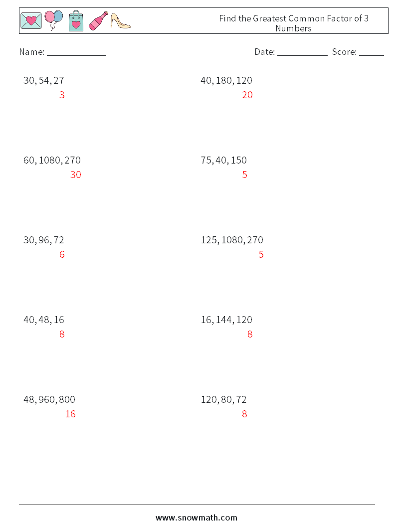 Find the Greatest Common Factor of 3 Numbers Math Worksheets 8 Question, Answer