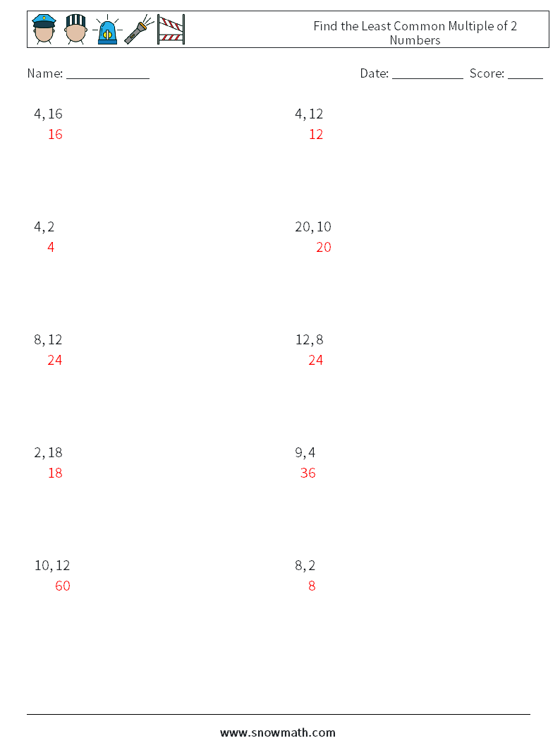 Find the Least Common Multiple of 2 Numbers Math Worksheets 1 Question, Answer