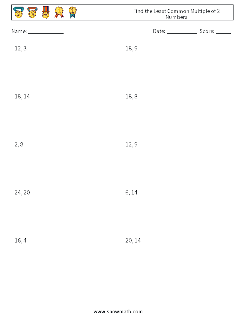 Find the Least Common Multiple of 2 Numbers Math Worksheets 2