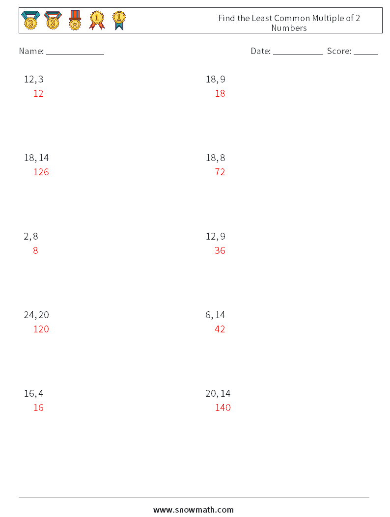 Find the Least Common Multiple of 2 Numbers Math Worksheets 2 Question, Answer