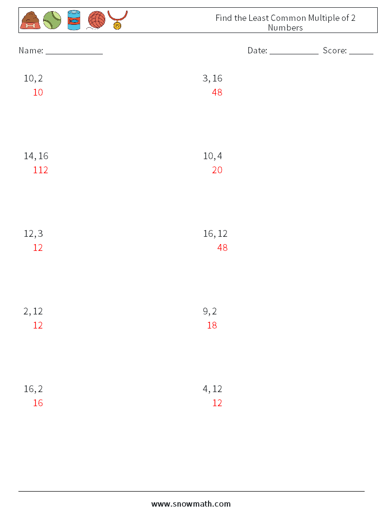 Find the Least Common Multiple of 2 Numbers Math Worksheets 3 Question, Answer