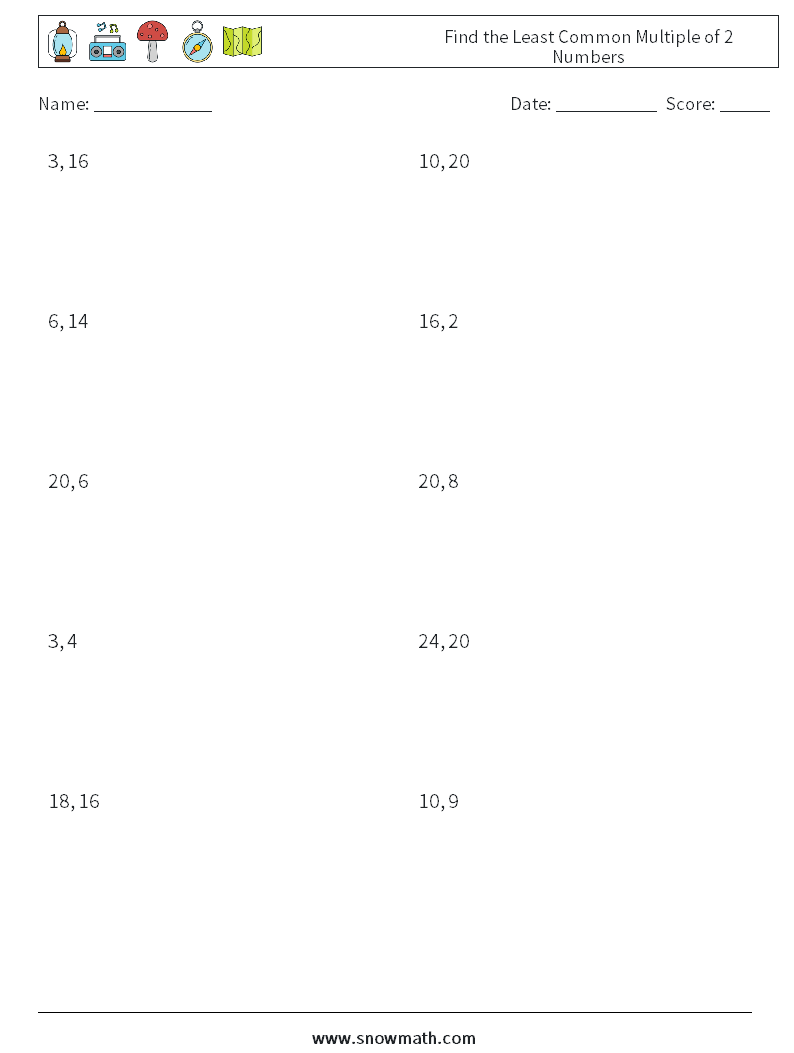 Find the Least Common Multiple of 2 Numbers Maths Worksheets 4
