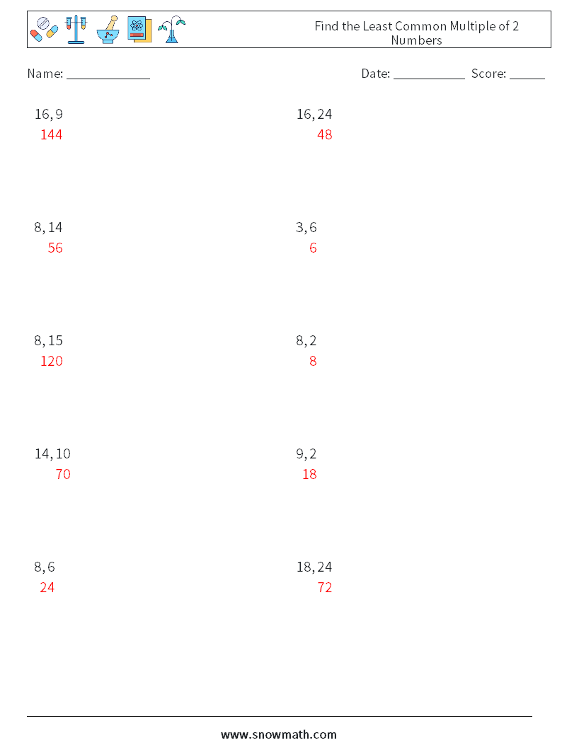 Find the Least Common Multiple of 2 Numbers Math Worksheets 7 Question, Answer