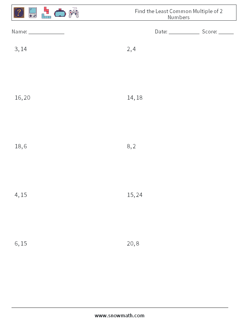 Find the Least Common Multiple of 2 Numbers Maths Worksheets 9