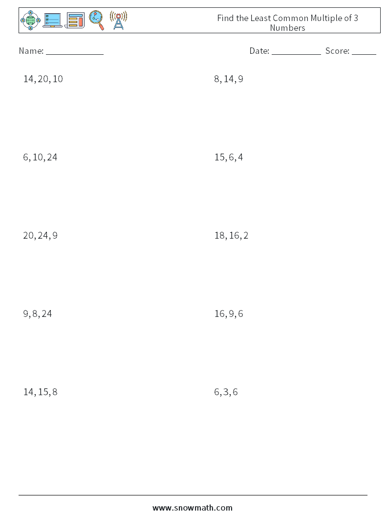 Find the Least Common Multiple of 3 Numbers Maths Worksheets 4