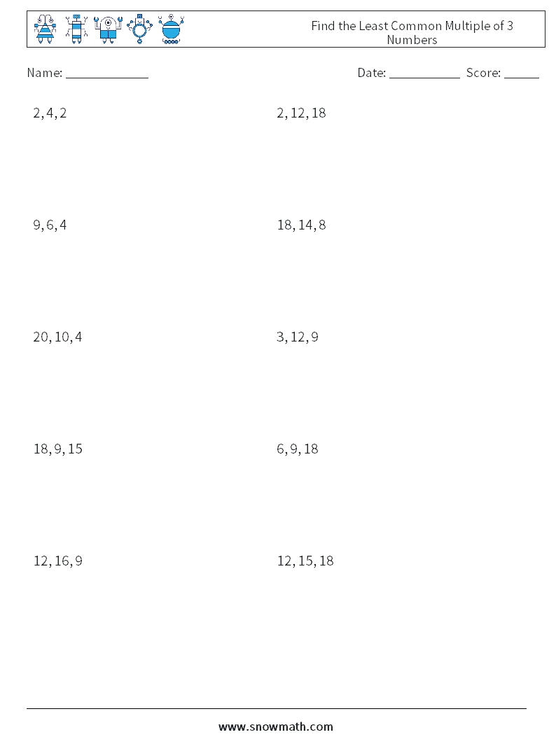 Find the Least Common Multiple of 3 Numbers Maths Worksheets 6
