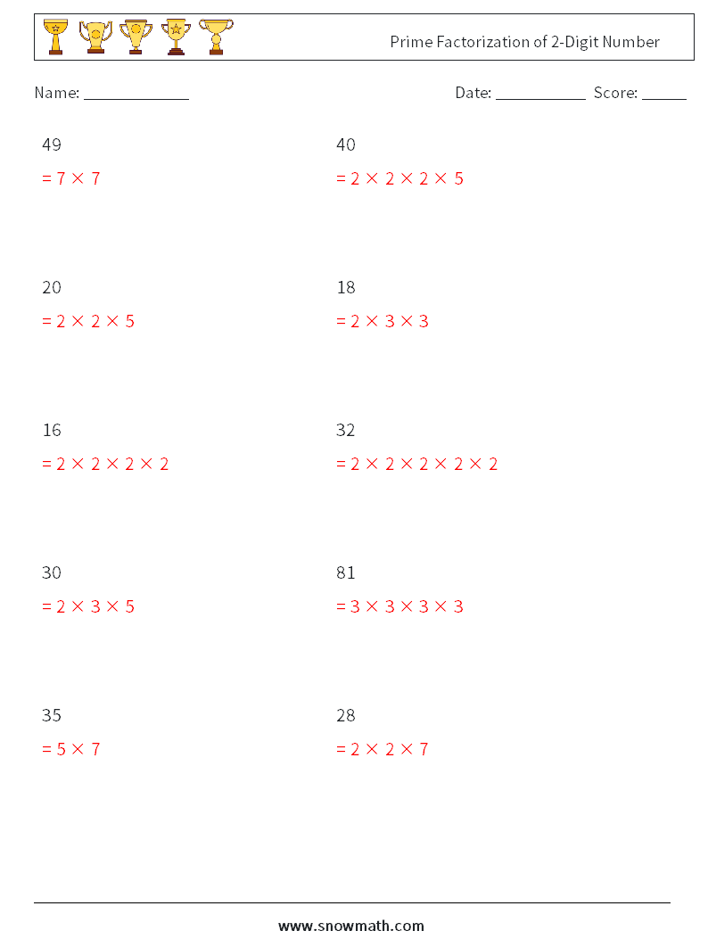 Prime Factorization of 2-Digit Number Math Worksheets 1 Question, Answer