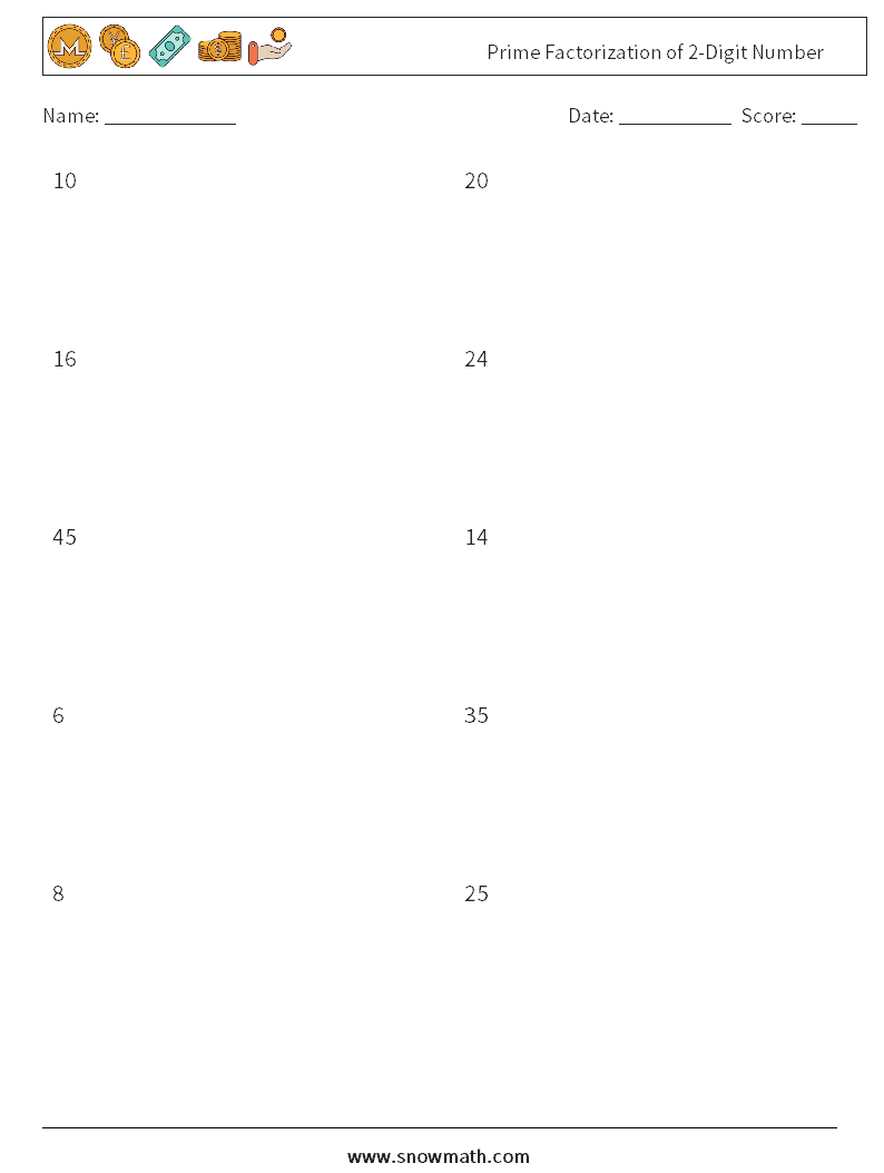 Prime Factorization of 2-Digit Number Math Worksheets 2