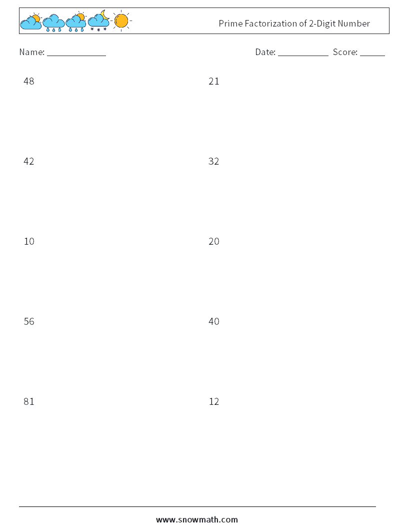 Prime Factorization of 2-Digit Number Math Worksheets 4