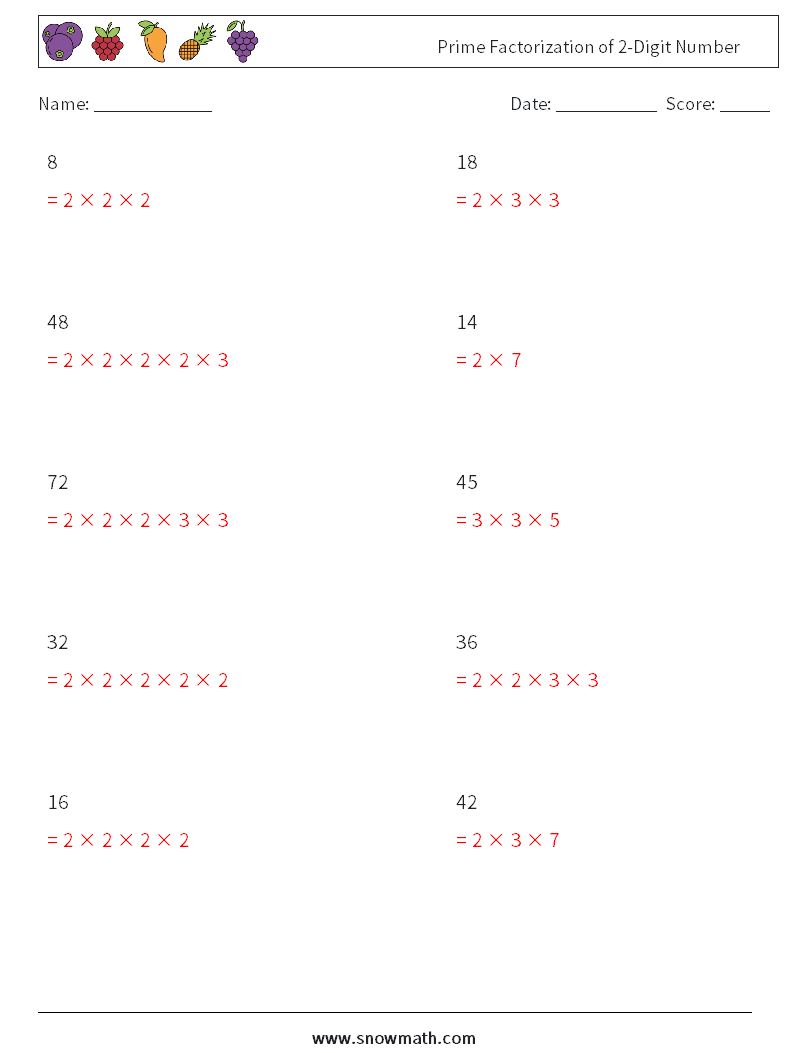 Prime Factorization of 2-Digit Number Math Worksheets 5 Question, Answer