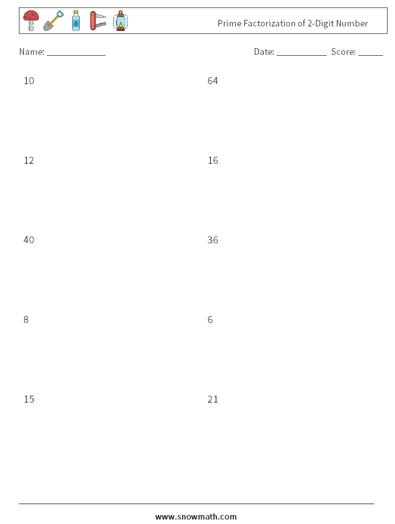 Prime Factorization of 2-Digit Number Math Worksheets 6