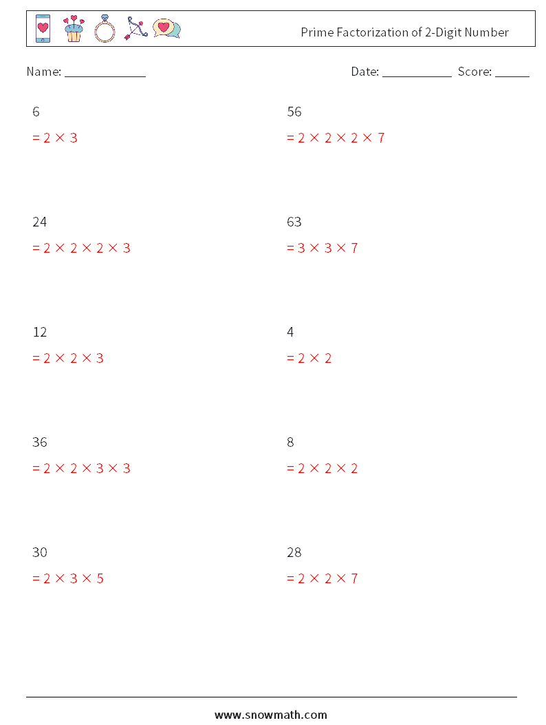 Prime Factorization of 2-Digit Number Math Worksheets 9 Question, Answer