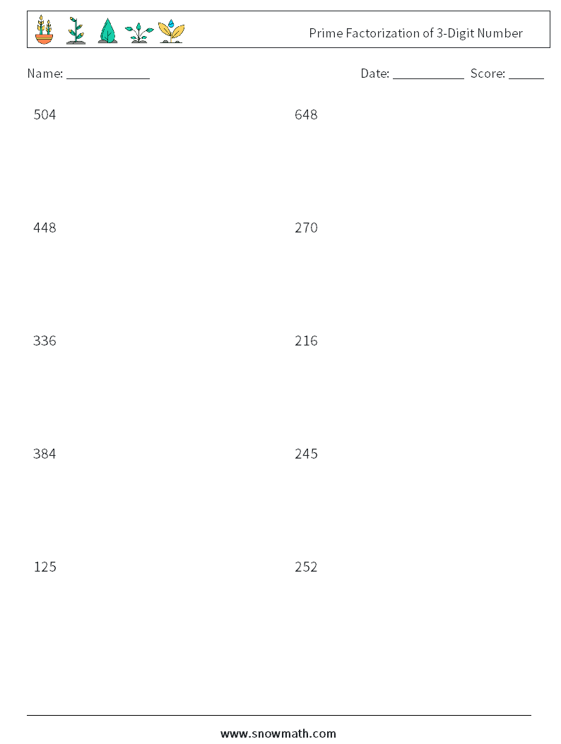 Prime Factorization of 3-Digit Number Math Worksheets 7