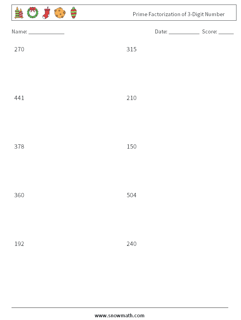 Prime Factorization of 3-Digit Number Math Worksheets 8