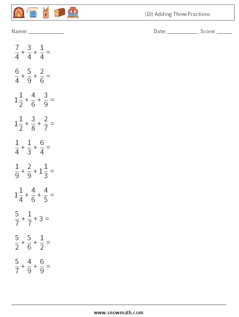 (10) Adding Three Fractions Math Worksheets 10