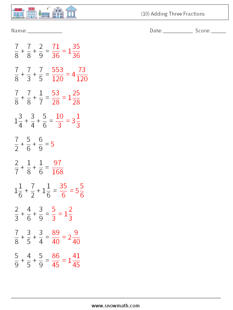 (10) Adding Three Fractions Math Worksheets 11 Question, Answer
