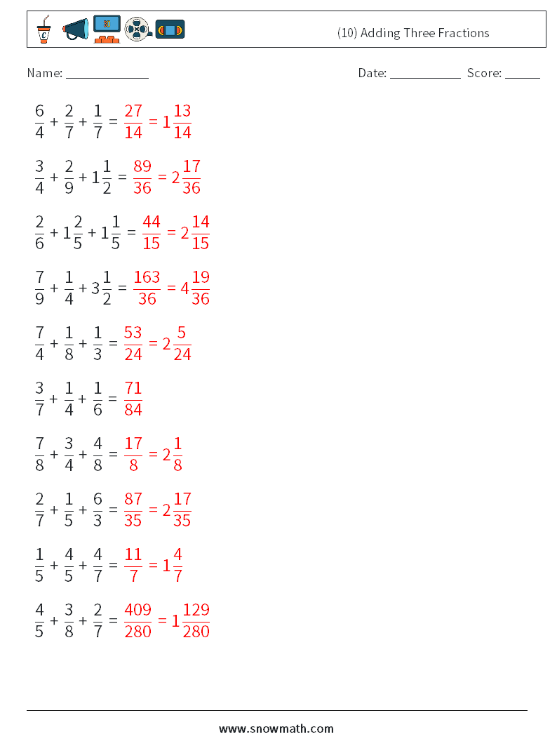 (10) Adding Three Fractions Math Worksheets 12 Question, Answer