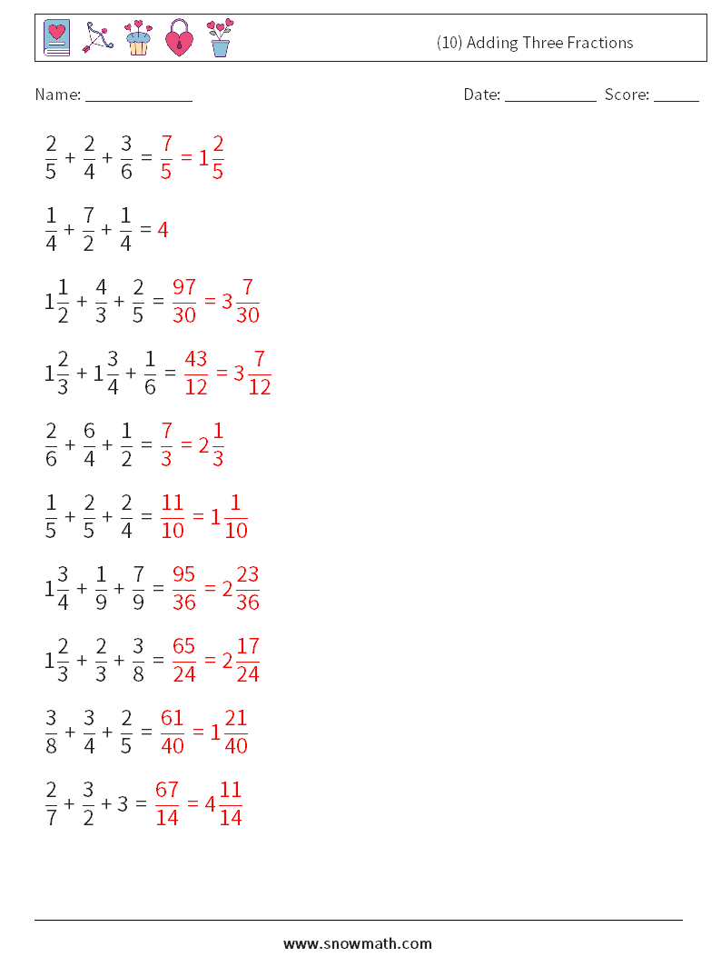 (10) Adding Three Fractions Math Worksheets 13 Question, Answer