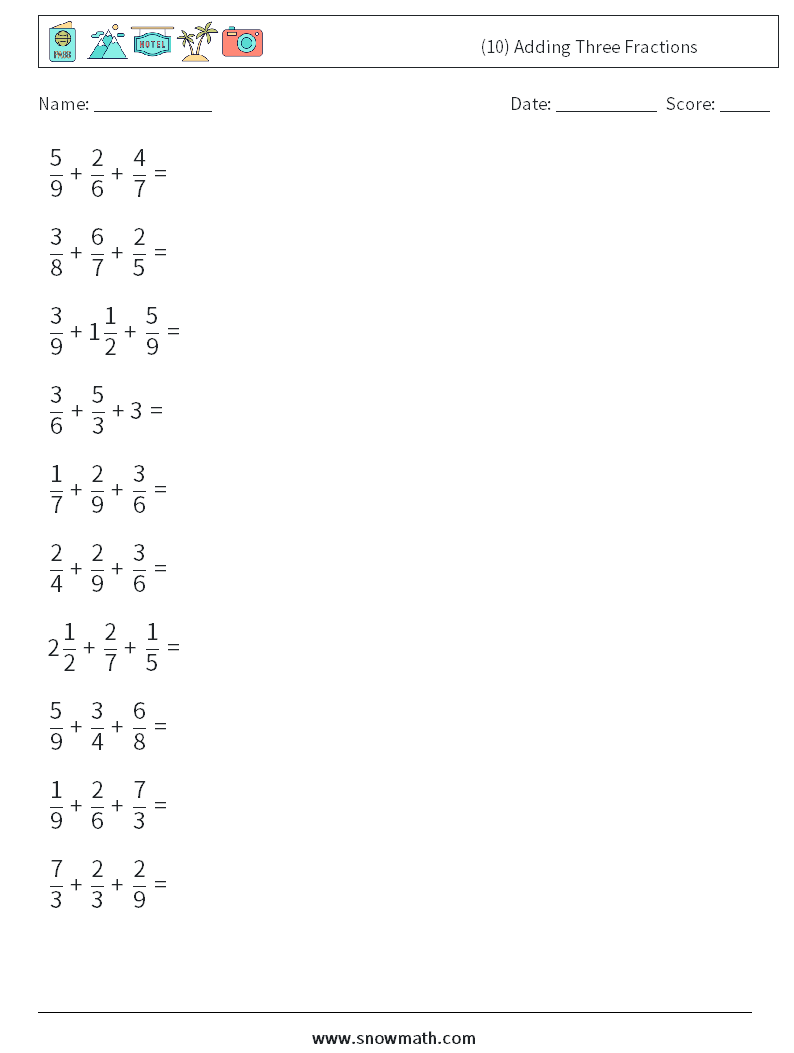 (10) Adding Three Fractions Math Worksheets 14