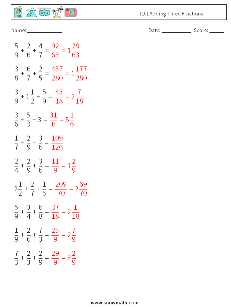 (10) Adding Three Fractions Math Worksheets 14 Question, Answer