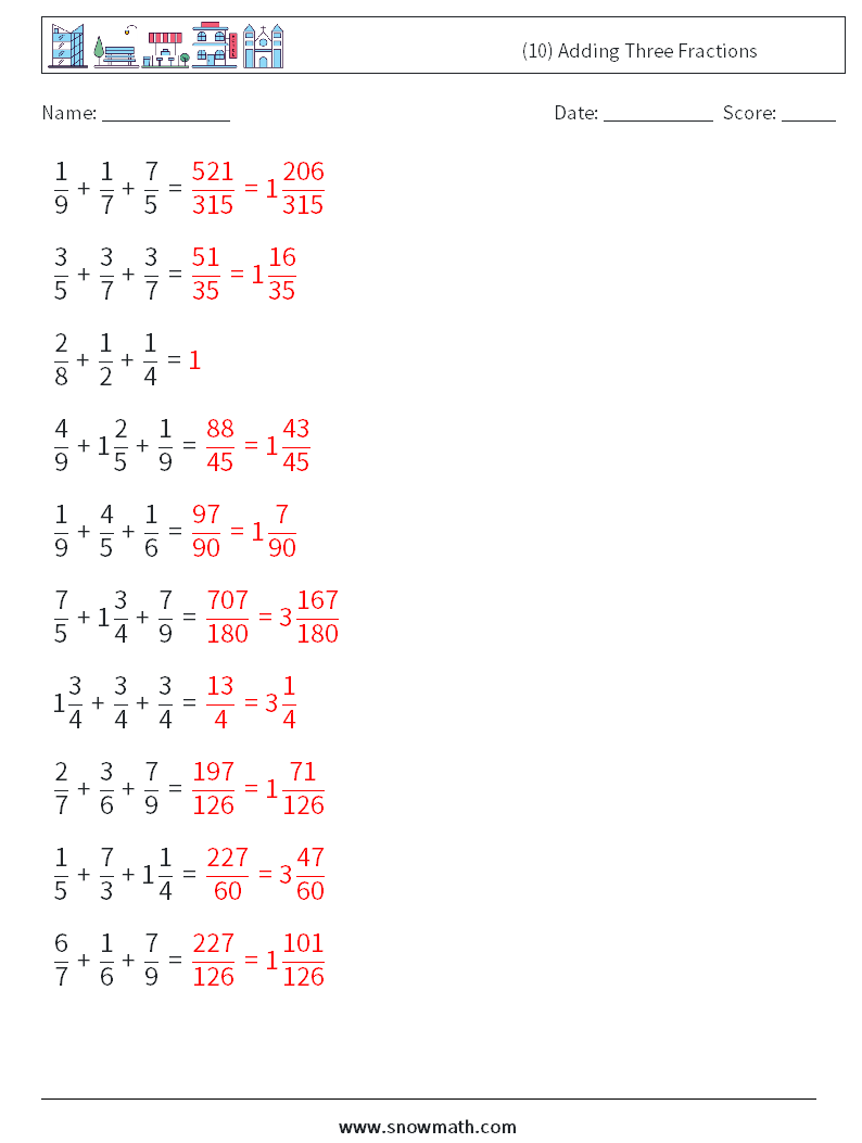 (10) Adding Three Fractions Math Worksheets 16 Question, Answer
