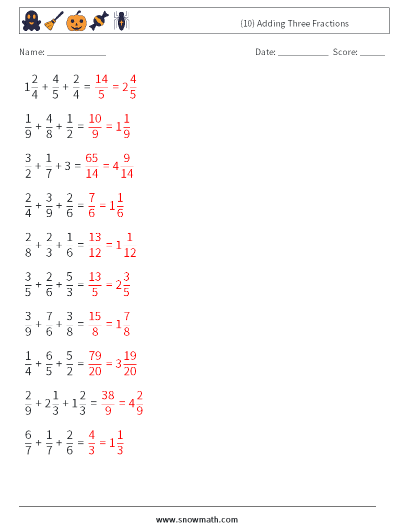 (10) Adding Three Fractions Math Worksheets 17 Question, Answer