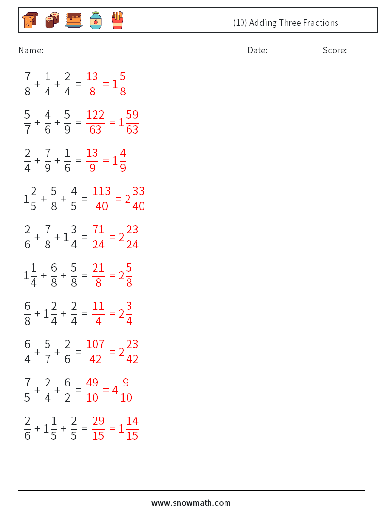 (10) Adding Three Fractions Math Worksheets 18 Question, Answer