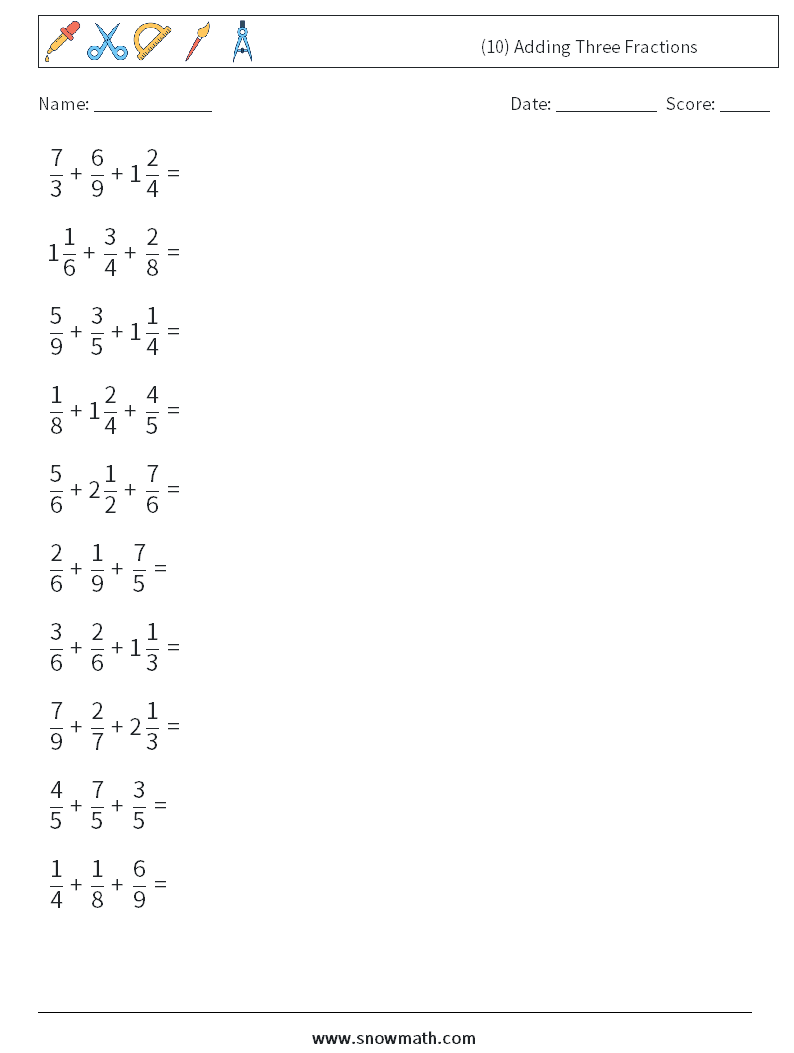 (10) Adding Three Fractions Math Worksheets 2