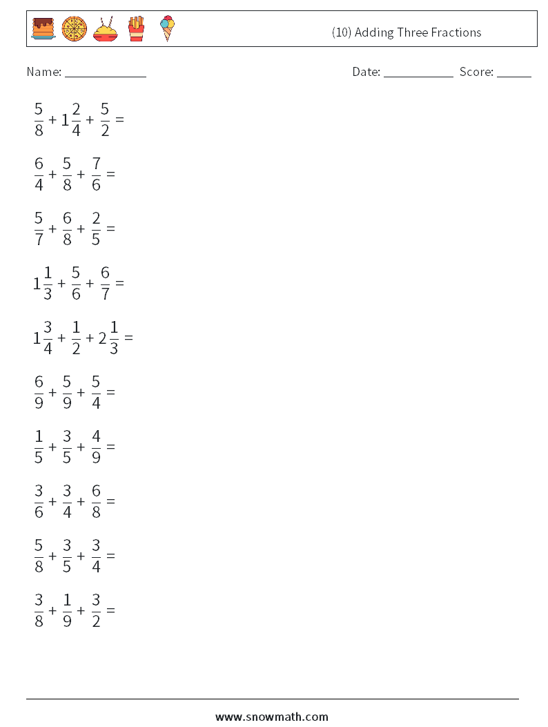 (10) Adding Three Fractions Math Worksheets 4