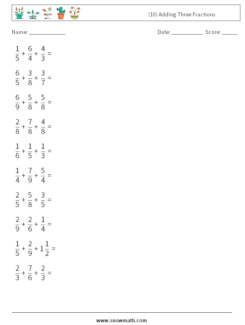(10) Adding Three Fractions Math Worksheets 5