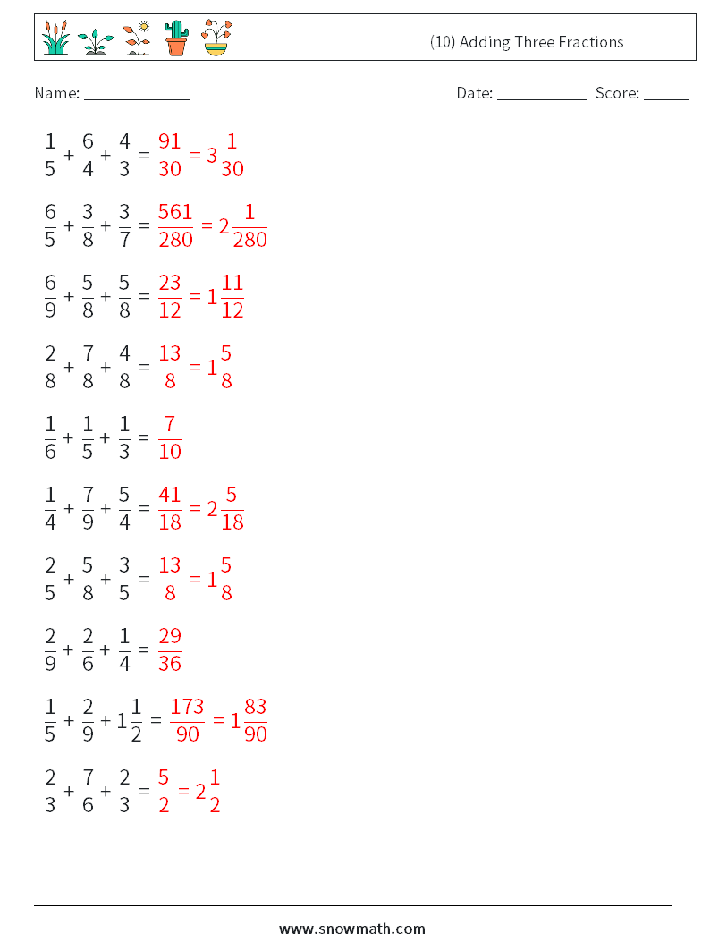 (10) Adding Three Fractions Math Worksheets 5 Question, Answer